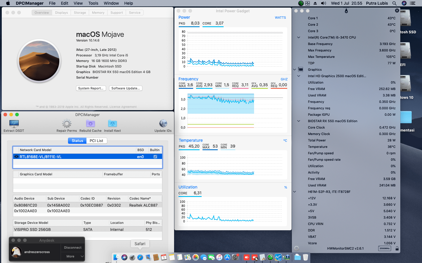 Success Hackintosh macOS Mojave 10.14.6 Build 18G103 in Gigabyte GA-H61M-S2P + Intel Core i5-3470 + Biostar RX 550